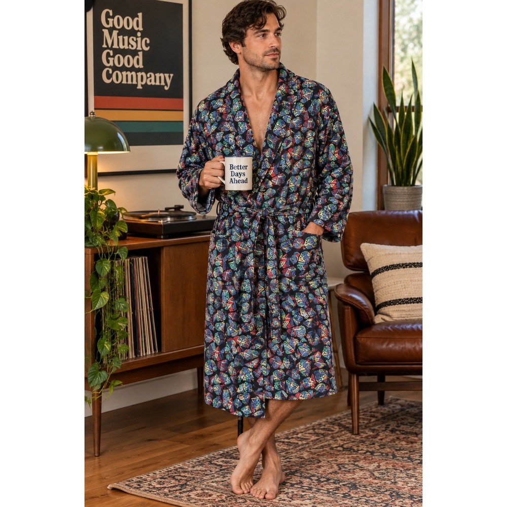 NAP Men's Essentials One Size Cotton Robe Geometric Abstract Print Vintage Style